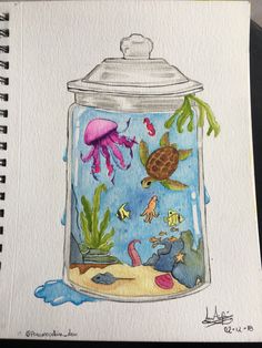 Staedler Illustration, Trin For Trin Tegning, Drawing Fish, Cute Small Drawings, خريطة ذهنية, Ocean Drawing, Sea Drawing, Bottle Drawing, Small Drawings