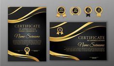 two black and gold certificate templates with ribbons on the front, one is for an award