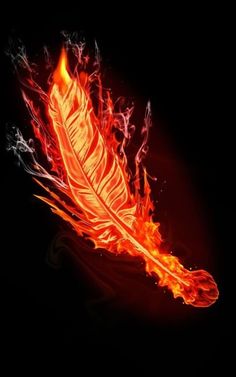 an orange feather with red flames on it