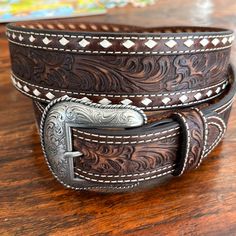 Genuine Leather Construction Silver Decorative Etched Buckle White Buckstitching Edge Detail Floral Tooled Design Strap Matching Belt Loop 1.5" Wide Mens Leather Belts Handmade, Cowboy Style For Men, Western Leather Belt, Nocona Belt, Mens Taper, Cowboy Belt, Western Belt Buckles, Leather Belts Men, Cowboy Style