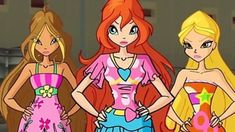 three cartoon girls standing next to each other