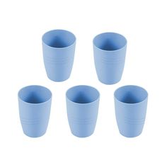 six blue plastic cups sitting next to each other