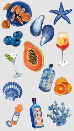 watercolor painting of different types of food and drinks on a white background with starfish