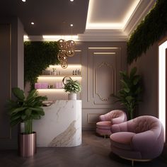 the interior of a salon with pink chairs and potted plants