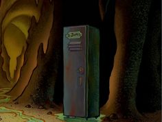 a cartoon image of a box in the middle of a cave with water flowing from it