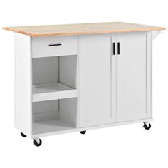 a white kitchen island on wheels with a wooden top