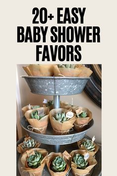 there is a three tiered tray with succulents on it and the words 20 easy baby shower favors