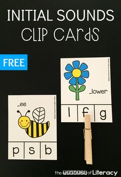 the initial sounds clip cards are shown on a black background with blue and yellow flowers