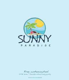 the logo for sunny paradise is shown on a blue background