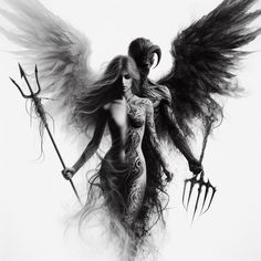 a black and white photo of a woman with wings