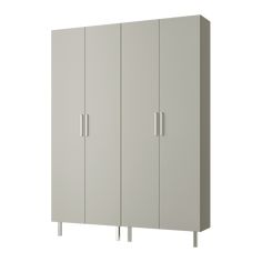 a white cabinet with three doors and two legs on the bottom, in front of a white background