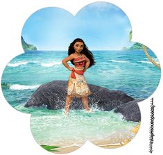 a woman standing in the ocean next to a rock with a flower shaped cutout on it