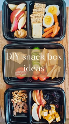 two plastic containers filled with different types of food and the words diy snack box ideas