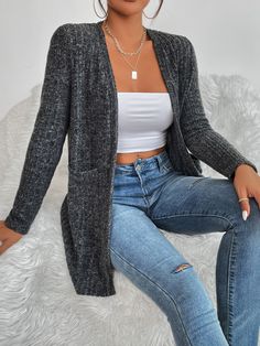 Dark Grey Casual Collar Long Sleeve Fabric Plain Other Embellished High Stretch  Women Clothing Women Outerwear, Cardigan Casual, Rib Knit Cardigan, Knitting Women Cardigan, Pocket Cardigan, Casual Vest, Cute Comfy Outfits, Style Cardigan, Fashion Today