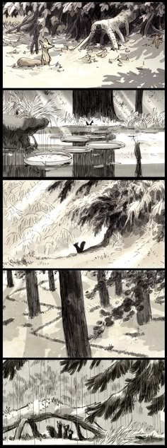 the storyboard shows different stages of how to draw trees and snow in an open area