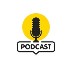 a black and yellow microphone with the word podcast on it's bottom corner