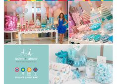 there is a woman standing in front of many cakes and candy