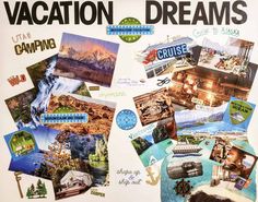 there is a poster with many different pictures and words on it that say vacation dreams