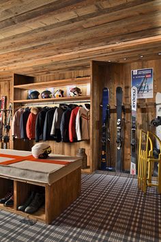 the inside of a ski shop with lots of snow gear