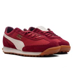 The PUMA Easy Rider in Red with its '70s heritage, features a nylon and suede construction, blending durability with style. The sneaker's vintage look is enhanced by a suede eyestay and PUMA branding elements, including a foil-printed logo. A synthetic leather Formstrip adds a classic touch to this everyday shoe, perfect for a retro-inspired look. DUE TO THE LIMITED NATURE OF THIS PRODUCT, ALL SALES ARE FINAL. THIS ITEM IS NOT ELIGIBLE FOR DISCOUNTS OR SPECIAL PROMOTIONS. Nylon and suede upper F Puma Easy Rider, Branding Elements, Everyday Shoe, Easy Rider, Everyday Shoes, Red Sneakers, Logo A, Puma Shoes, Special Promotion