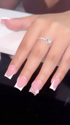 Acrylics Hello Kitty, Short Nails For Hoco, Shorties Acrylic Nails French Tip, Simply Cute Nails, Good Acrylic Nails, Nail Ideas Gems, Nails Ideas Birthday, French Nails With Bling, Short Nails Kawaii