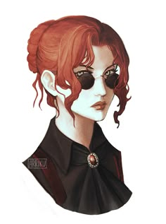 a drawing of a woman with red hair and black eyeliners, wearing sunglasses