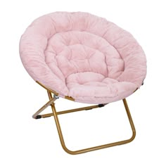 a pink chair sitting on top of a metal frame