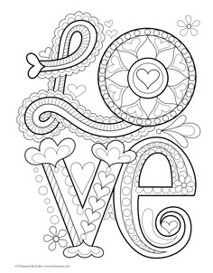 the word love with hearts and swirls on it in black and white coloring pages