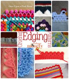 the book cover for crochet edging with pictures of different designs and colors