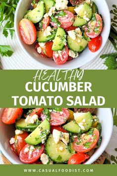 two bowls filled with cucumber and tomato salad