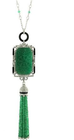 Carved Emerald And Diamond Deco Sautior Carved Emerald Necklace, Luxury Green Carved Jewelry, Exquisite Emerald Pendant Necklace, Jade Jewelry Necklace 1stdibs, Luxury Exquisite Jade Necklace, Bijoux Art Deco, Tassel Jewelry, Deco Jewelry, Jade Jewelry