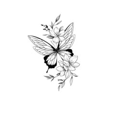 a black and white drawing of a butterfly with flowers on it's back side