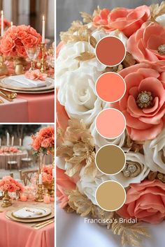 the table is set with pink and gold flowers, candles, and place settings for an elegant wedding