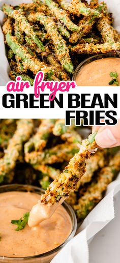 an air fryer filled with green bean fries and dipping sauce on the side for dipping