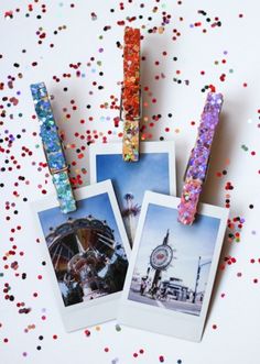 three different pictures are placed next to each other with confetti on the table