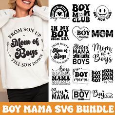 the mom of boys svg bundle is shown in black and white