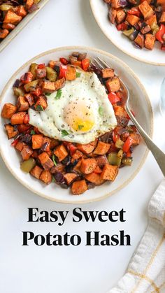 two plates with hash browns and an egg on top that says easy sweet potato hash browns