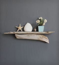 a shelf made out of driftwood with flowers on it