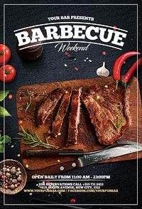 a flyer for a barbecue night with meat and vegetables