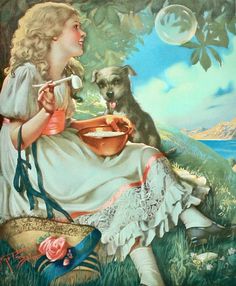 a painting of a girl and her dog eating out of a bowl