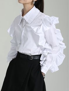 Long Sleeves Falbala Pleated Solid Color Lapel Blouses & Shirts Tops WHITE-M Mandarin Collar Shirt, Lantern Sleeve Dress, Cardigan Outfits, Style Cardigan, Ruffled Sleeves, Fashion Seasons, Business Outfits, Casual Blouse, Trendy Tops