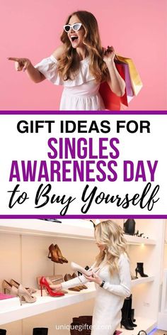 a woman in white dress holding shopping bags and pointing to the side with text overlay that reads gift ideas for singles awareness day to buy yourself