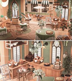 two pictures of a dining room and living room in a doll house with dolls on the table