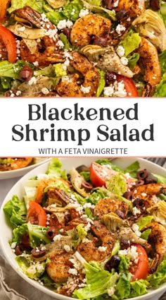 shrimp salad with feta vinaigrete in a white bowl on a table