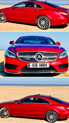 three different views of a red car in the middle of two pictures, one showing it's front end and side view