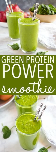 green protein power smoothie in three glasses with straws and spinach on the side