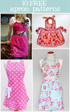 four different apron patterns with the words 10 free apron patterns on them and pictures of aprons