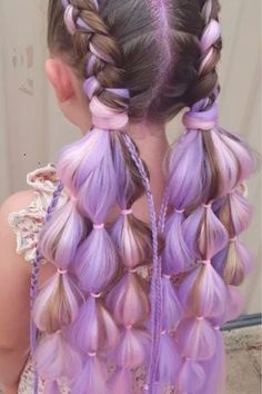 Bubble Braided Style For Little Girls ❤They are a perfect option for those who want to create a head turning hairstyle with minimal effort.❤ #lovehairstyles #hair #hairstyles #haircuts Candy Theme Hairstyles, Mermaid Hair Styling For Kids, Mermaid Birthday Hairstyle, Rainbow Bubble Braids, Unicorn Braids Kids, Kid Birthday Hairstyles, Balloon Hairstyles, Girls Long Hair Styles, Kids Braids With Color Hair