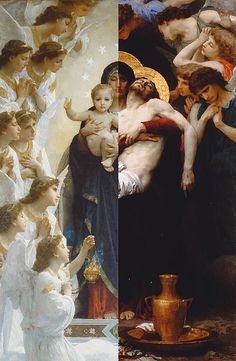 two paintings depicting the birth of jesus and an image of women holding babies in their arms