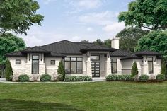 this is an artist's rendering of a house in the country side with trees and shrubs